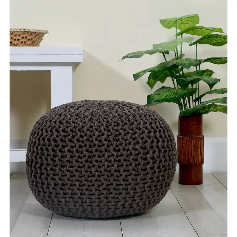 Hand-Knitted Cotton Braided Pouf Ottoman Foot Stool, 18x18x14