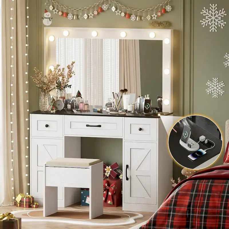 43.3-inch Makeup Vanity Desk with Lighted Mirror, Stool and Power Outlet
