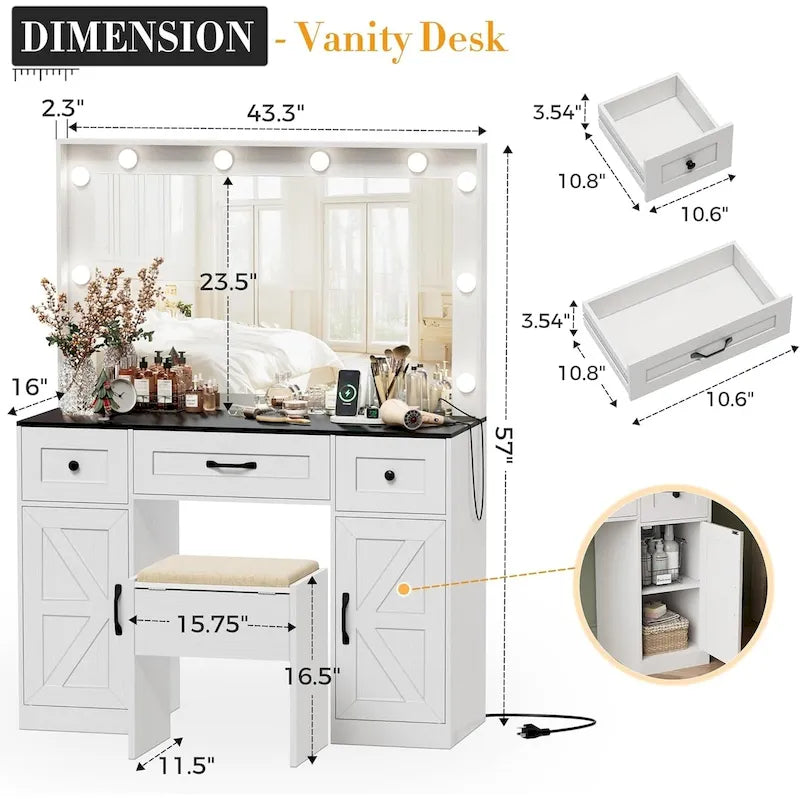 43.3-inch Makeup Vanity Desk with Lighted Mirror, Stool and Power Outlet