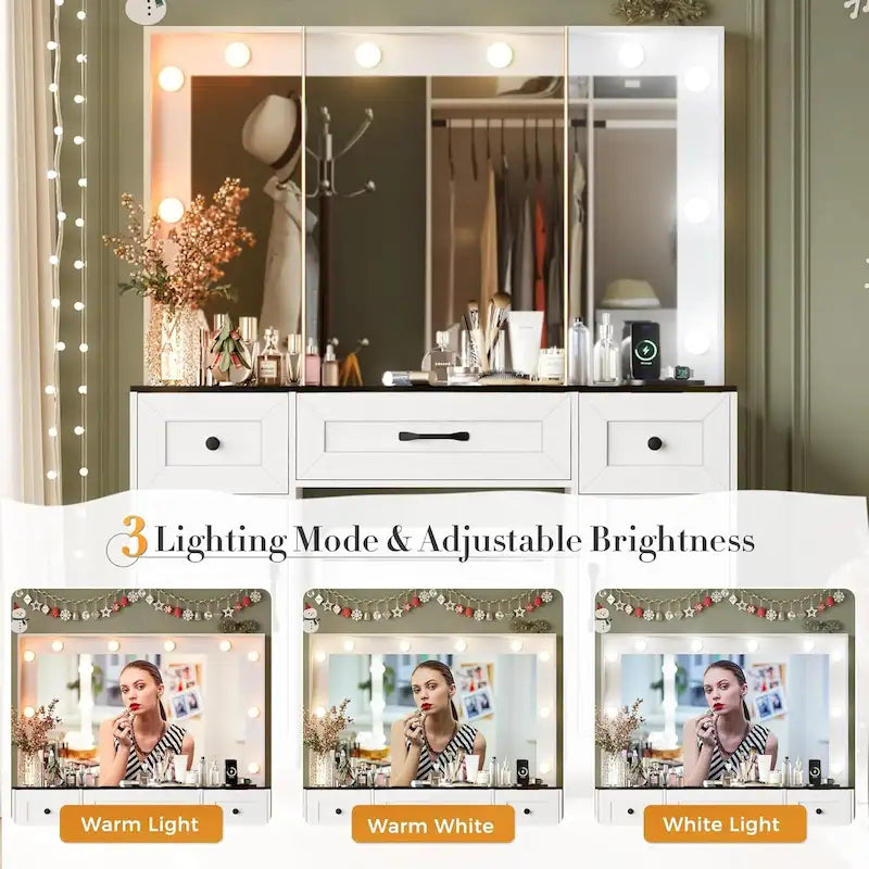 43.3-inch Makeup Vanity Desk with Lighted Mirror, Stool and Power Outlet