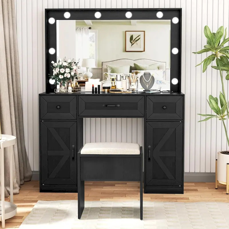 43.3-inch Makeup Vanity Desk with Lighted Mirror, Stool and Power Outlet