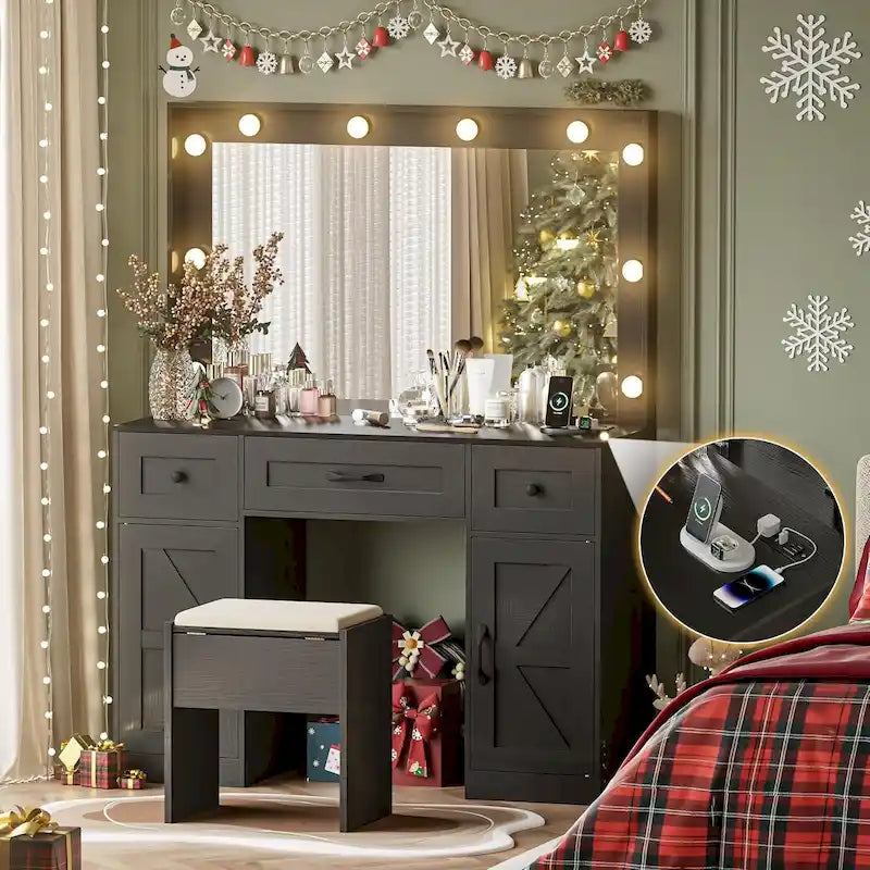 43.3-inch Makeup Vanity Desk with Lighted Mirror, Stool and Power Outlet