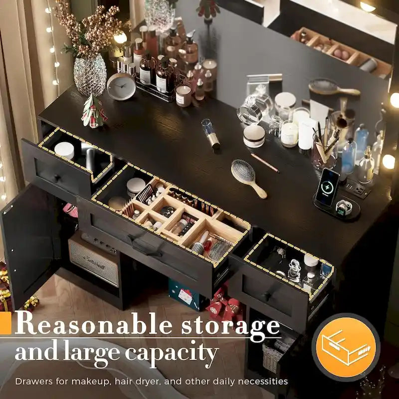 43.3-inch Makeup Vanity Desk with Lighted Mirror, Stool and Power Outlet
