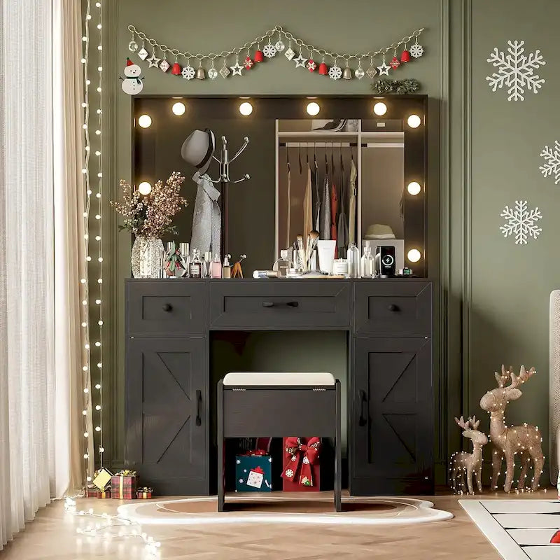 43.3-inch Makeup Vanity Desk with Lighted Mirror, Stool and Power Outlet