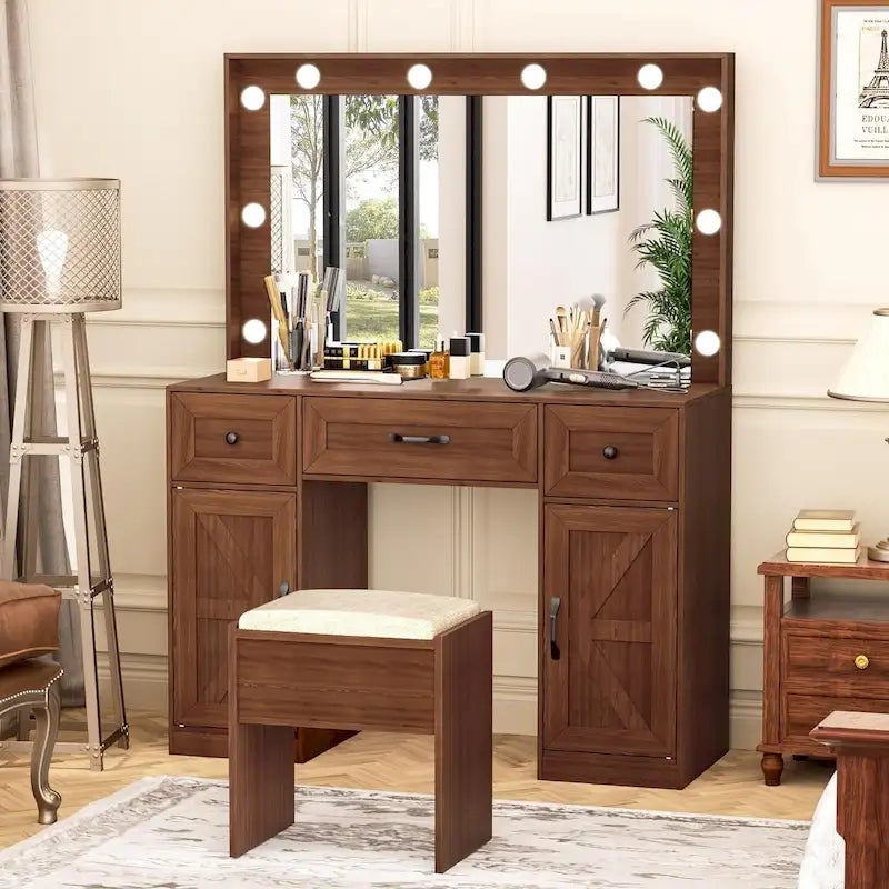 43.3-inch Makeup Vanity Desk with Lighted Mirror, Stool and Power Outlet