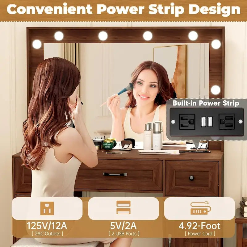 43.3-inch Makeup Vanity Desk with Lighted Mirror, Stool and Power Outlet