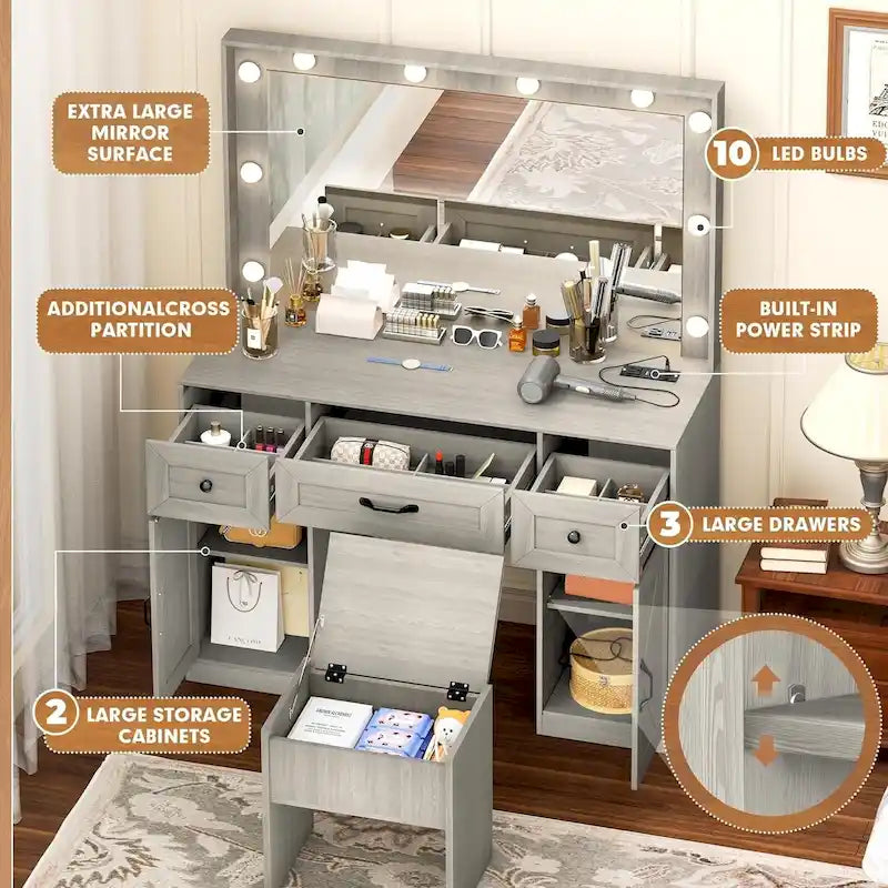 43.3-inch Makeup Vanity Desk with Lighted Mirror, Stool and Power Outlet