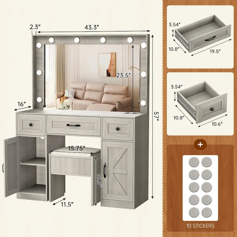 43.3-inch Makeup Vanity Desk with Lighted Mirror, Stool and Power Outlet