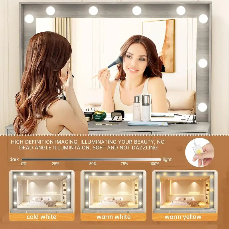 43.3-inch Makeup Vanity Desk with Lighted Mirror, Stool and Power Outlet