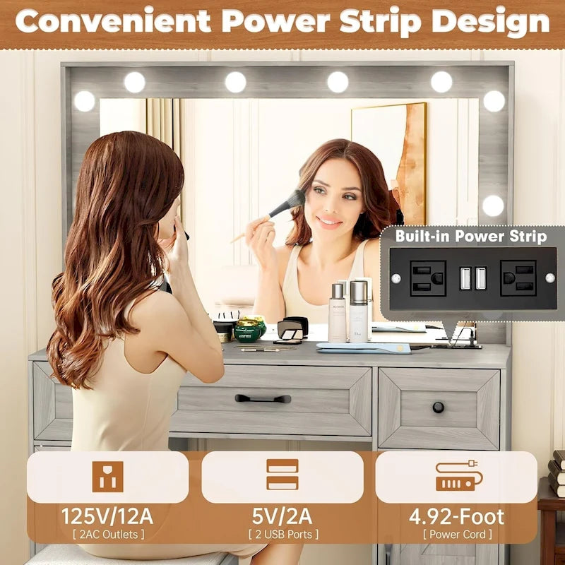 43.3-inch Makeup Vanity Desk with Lighted Mirror, Stool and Power Outlet
