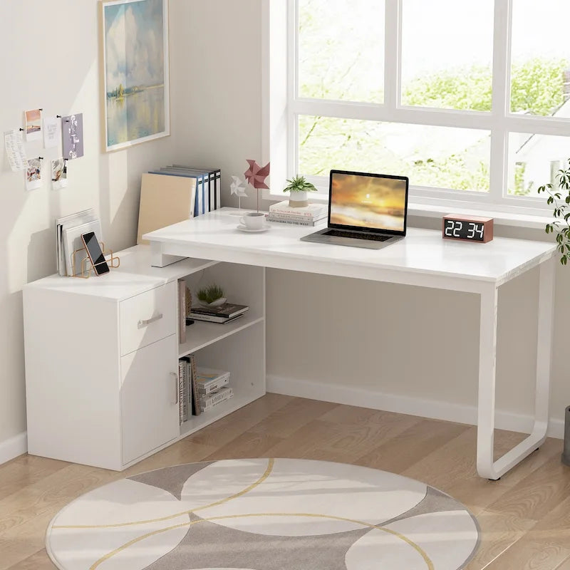 Reversible L-Shaped Home Office Computer Desk with Storage, White