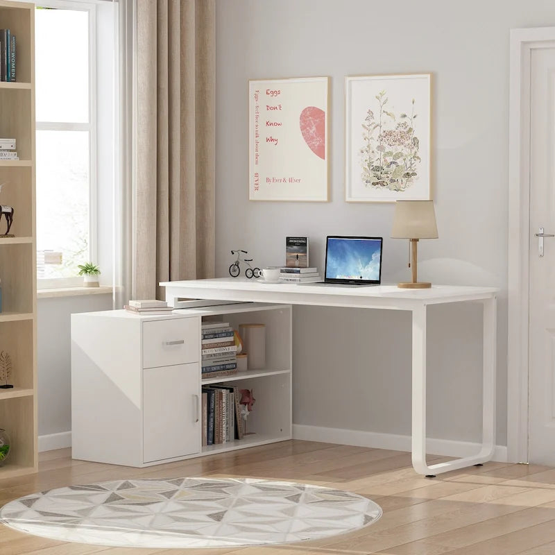 Reversible L-Shaped Home Office Computer Desk with Storage, White