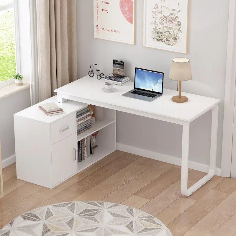 Reversible L-Shaped Home Office Computer Desk with Storage, White