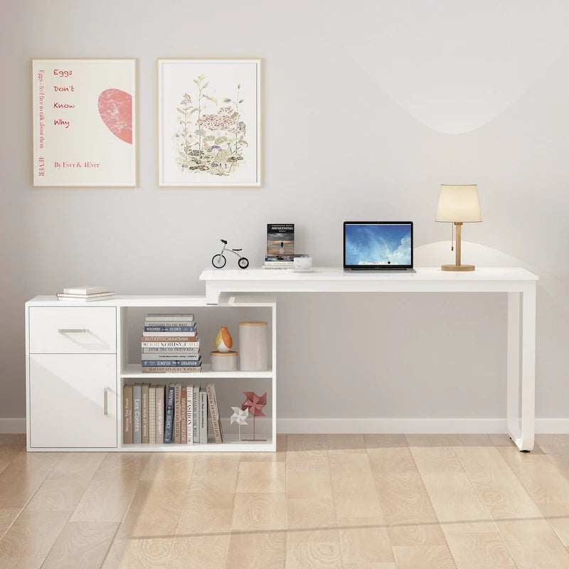 Reversible L-Shaped Home Office Computer Desk with Storage, White