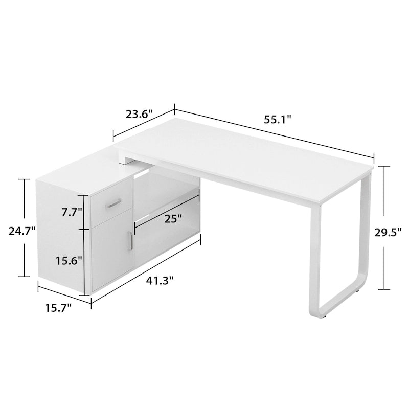 Reversible L-Shaped Home Office Computer Desk with Storage, White