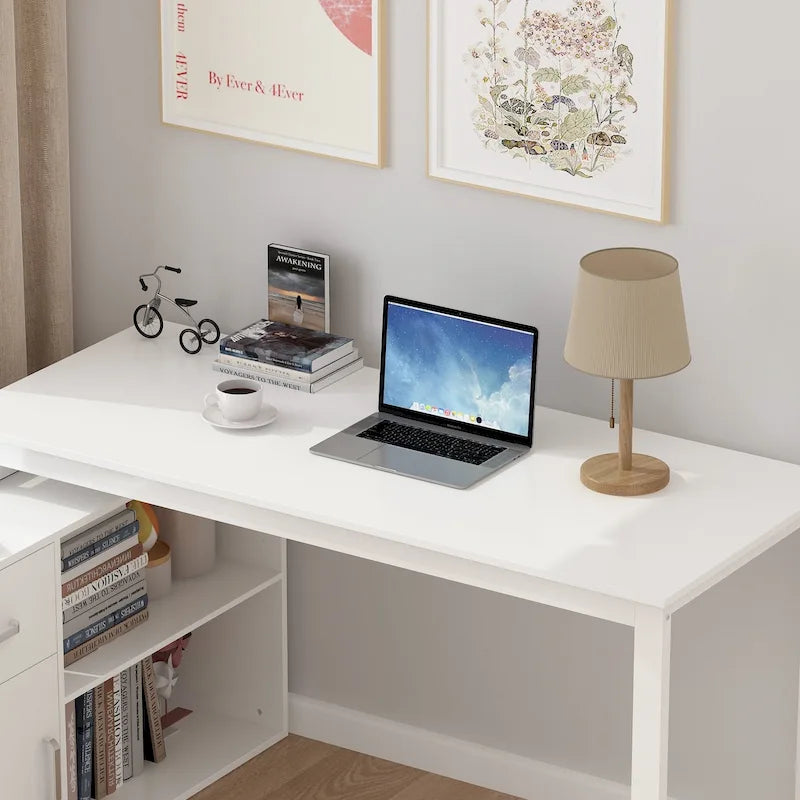 Reversible L-Shaped Home Office Computer Desk with Storage, White