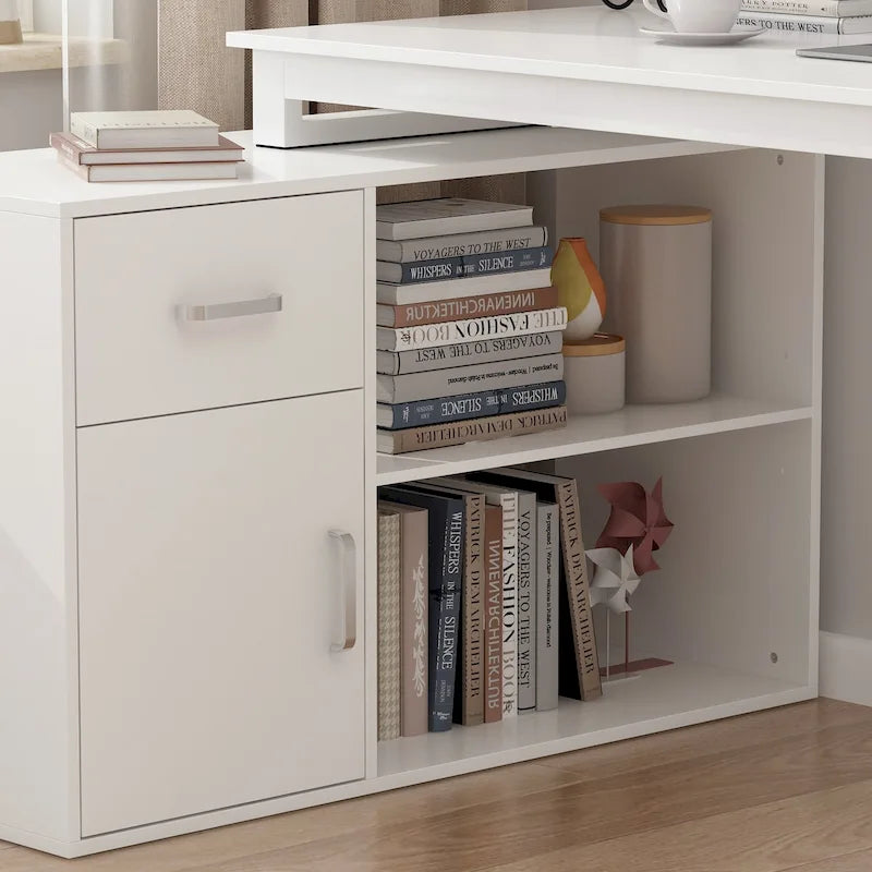 Reversible L-Shaped Home Office Computer Desk with Storage, White