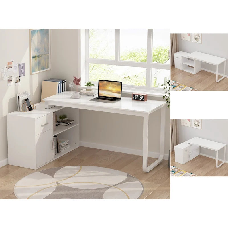 Reversible L-Shaped Home Office Computer Desk with Storage, White
