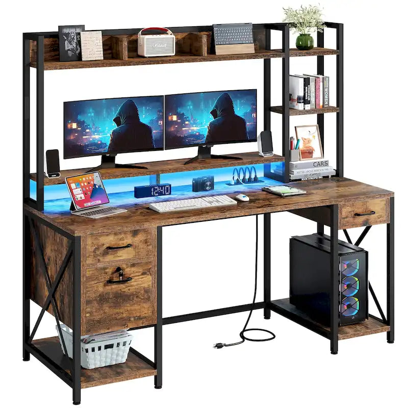 59-Inch Computer Gaming Desk with Hutch and Bookshelf, 3 Drawers
