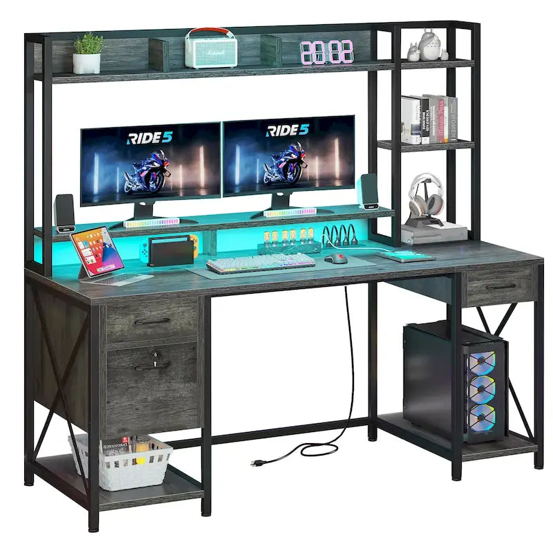 59-Inch Computer Gaming Desk with Hutch and Bookshelf, 3 Drawers