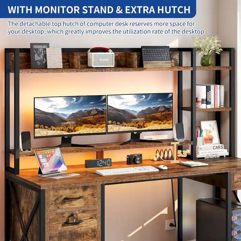 59-Inch Computer Gaming Desk with Hutch and Bookshelf, 3 Drawers