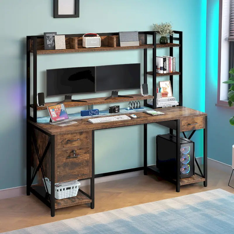 59-Inch Computer Gaming Desk with Hutch and Bookshelf, 3 Drawers