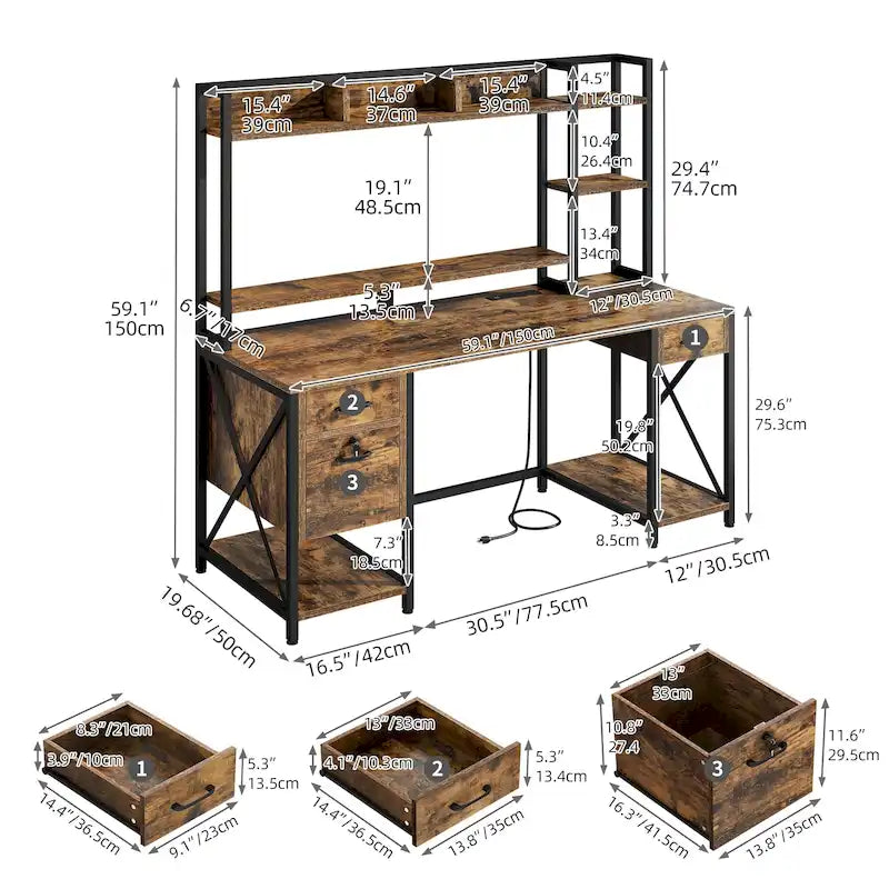 59-Inch Computer Gaming Desk with Hutch and Bookshelf, 3 Drawers