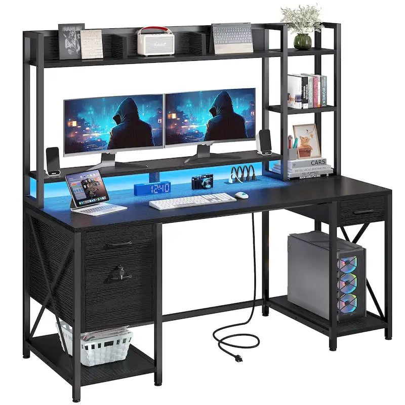 59-Inch Computer Gaming Desk with Hutch and Bookshelf, 3 Drawers
