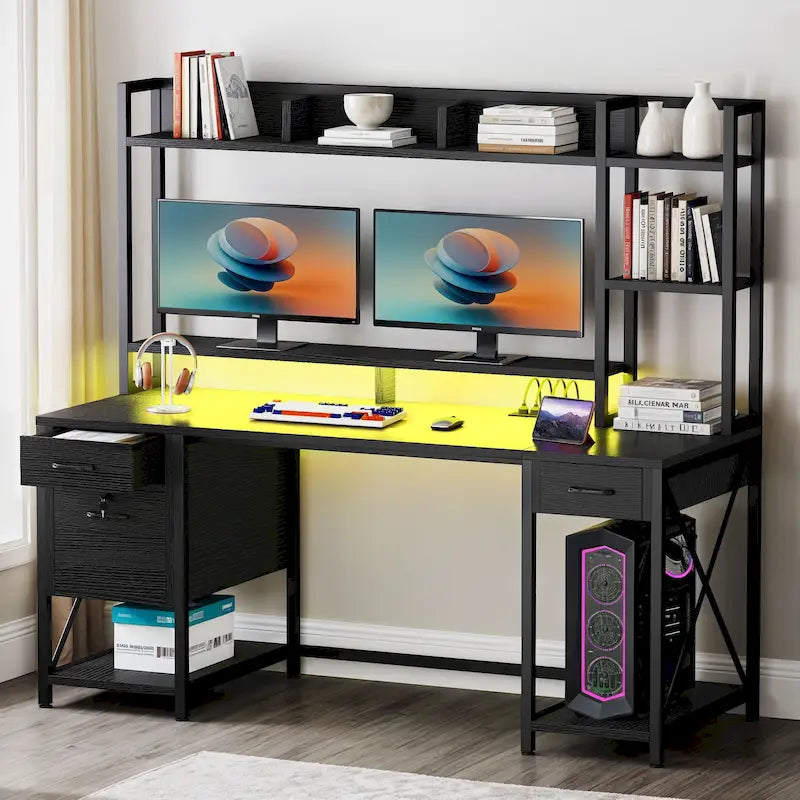 59-Inch Computer Gaming Desk with Hutch and Bookshelf, 3 Drawers