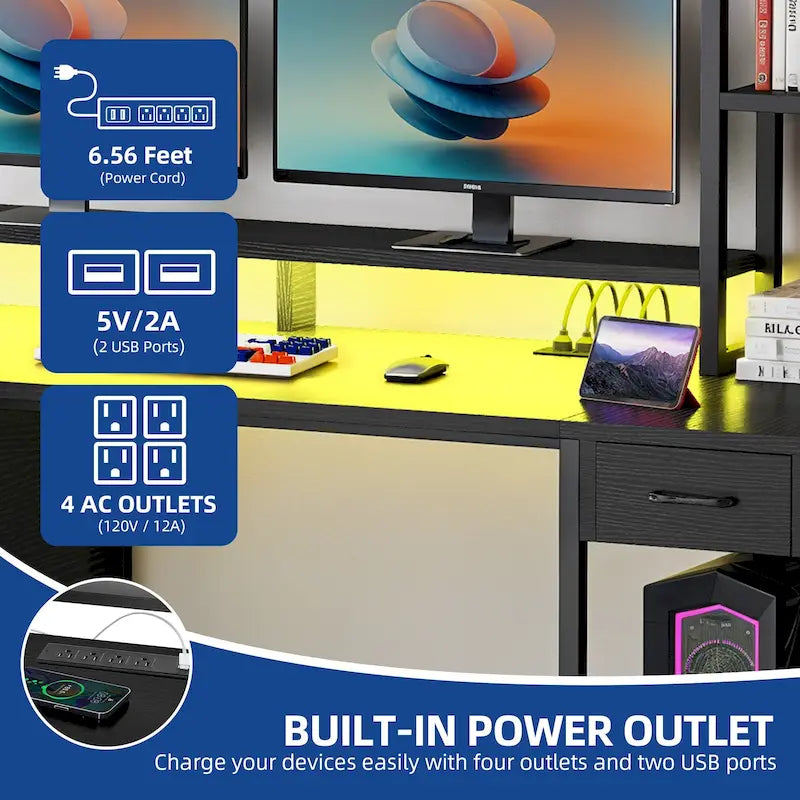 59-Inch Computer Gaming Desk with Hutch and Bookshelf, 3 Drawers