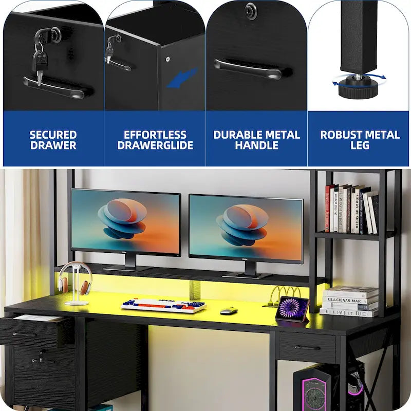 59-Inch Computer Gaming Desk with Hutch and Bookshelf, 3 Drawers