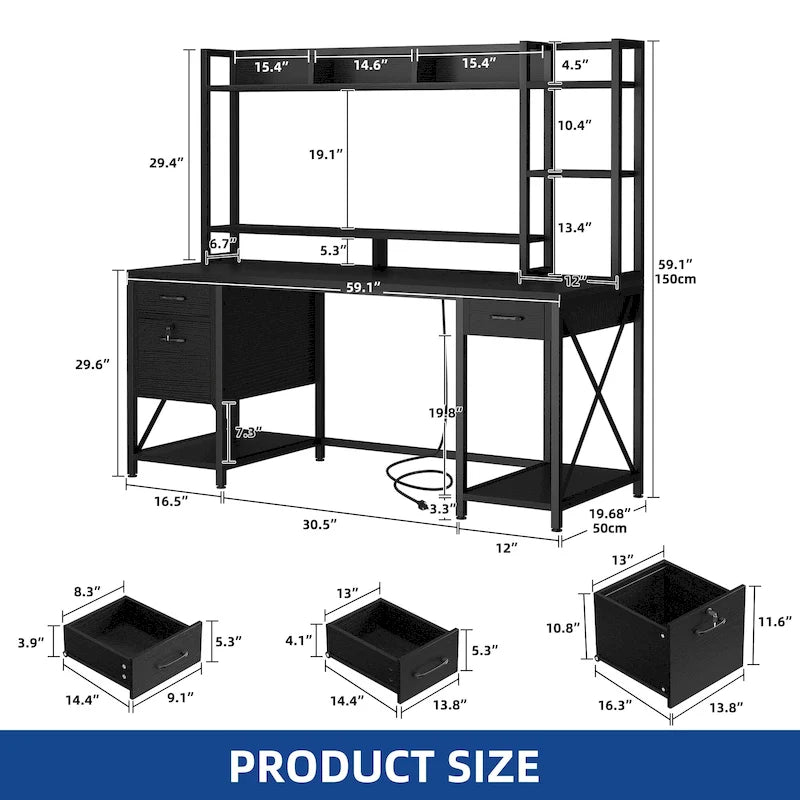 59-Inch Computer Gaming Desk with Hutch and Bookshelf, 3 Drawers