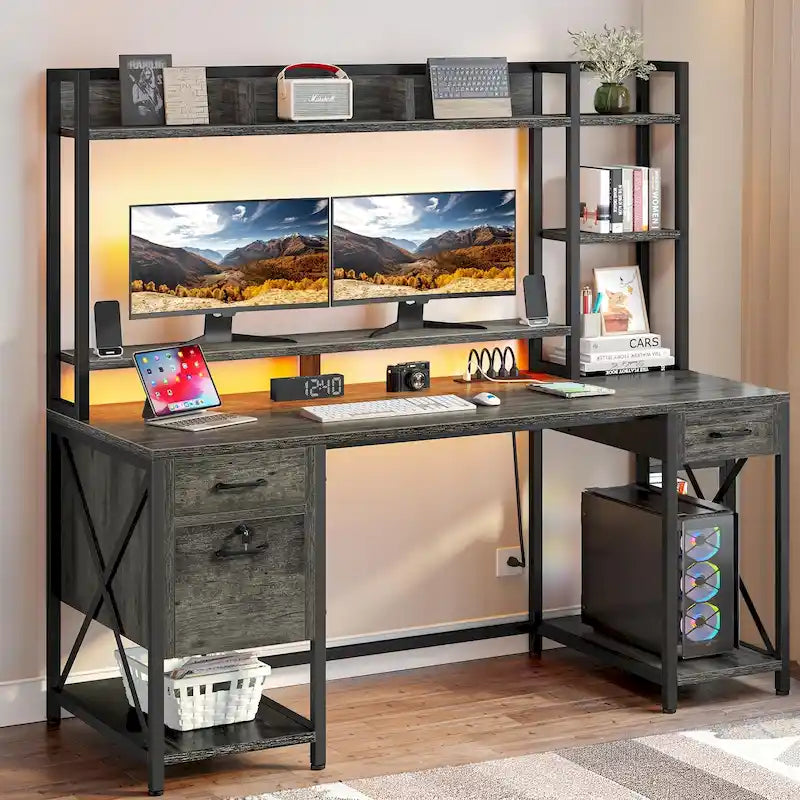 59-Inch Computer Gaming Desk with Hutch and Bookshelf, 3 Drawers