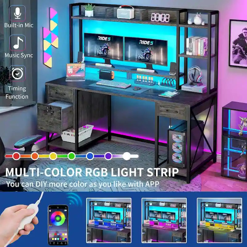 59-Inch Computer Gaming Desk with Hutch and Bookshelf, 3 Drawers