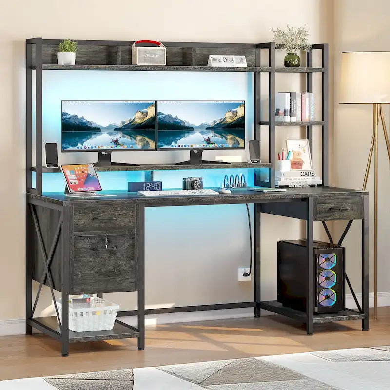 59-Inch Computer Gaming Desk with Hutch and Bookshelf, 3 Drawers