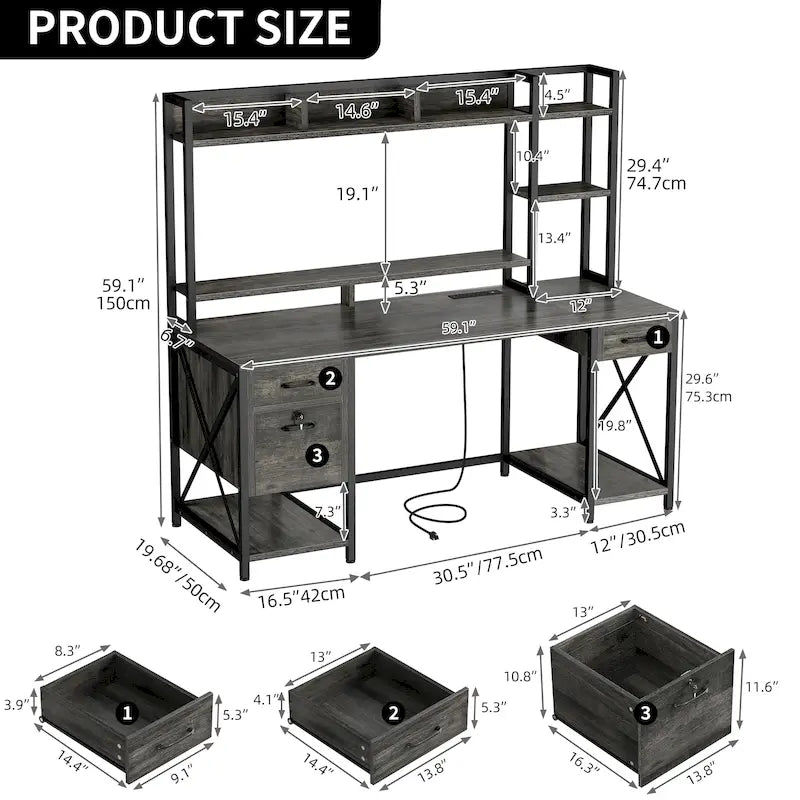 59-Inch Computer Gaming Desk with Hutch and Bookshelf, 3 Drawers