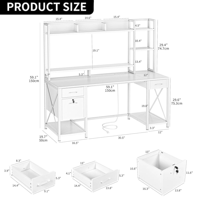 59-Inch Computer Gaming Desk with Hutch and Bookshelf, 3 Drawers