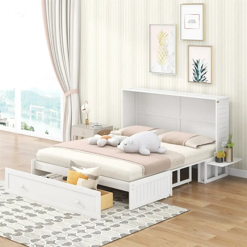 Queen Mobile Murphy Bed with Drawer and Side Shelves