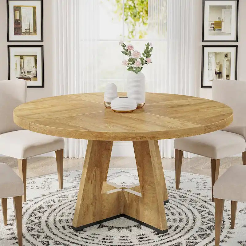 47 Inch Round Wood Farmhouse Dining Table for 4