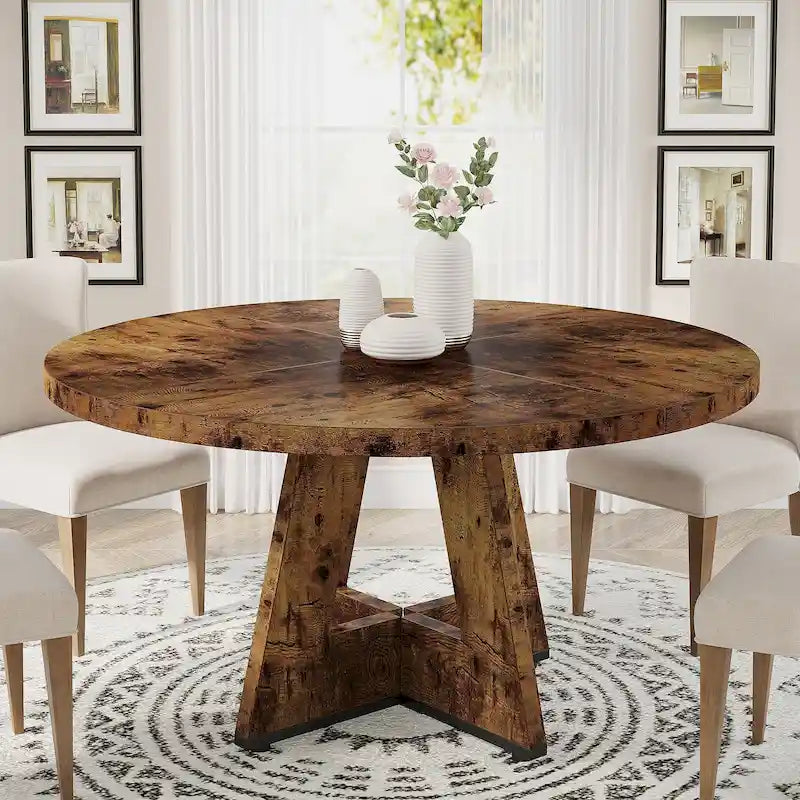 47 Inch Round Wood Farmhouse Dining Table for 4
