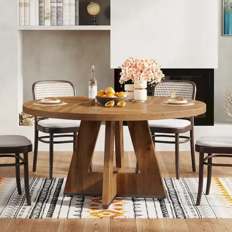 47 Inch Round Wood Farmhouse Dining Table for 4