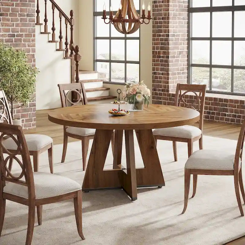 47 Inch Round Wood Farmhouse Dining Table for 4
