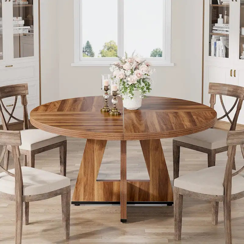 47 Inch Round Wood Farmhouse Dining Table for 4