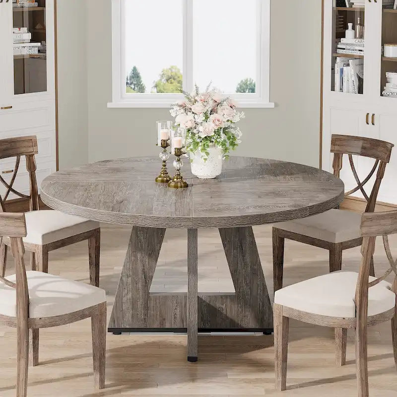 47 Inch Round Wood Farmhouse Dining Table for 4