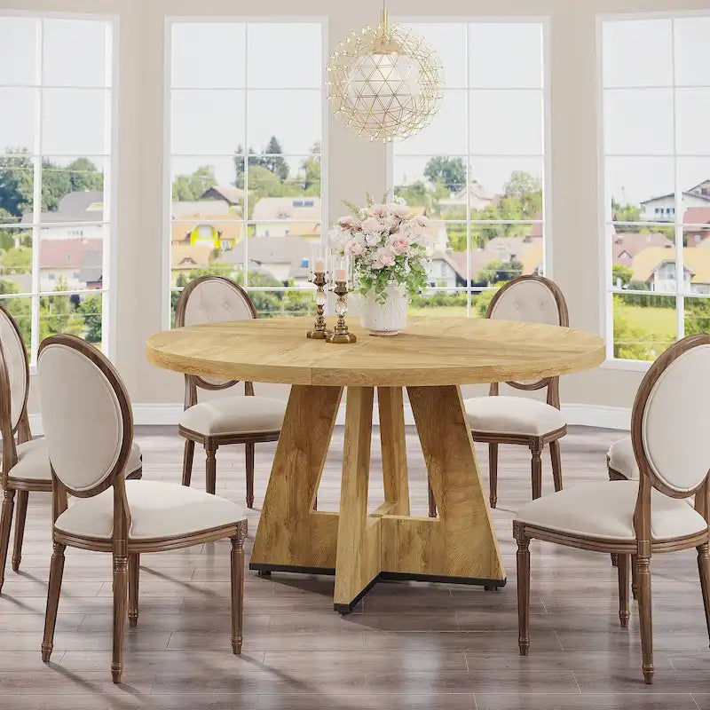 47 Inch Round Wood Farmhouse Dining Table for 4