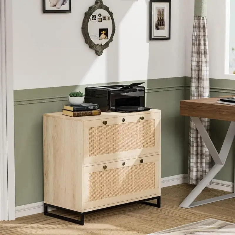 Wood Rattan 2 Drawer Lateral File Cabinet with Lock for Home Office