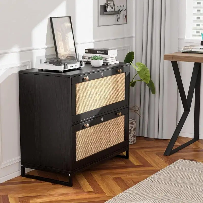 Wood Rattan 2 Drawer Lateral File Cabinet with Lock for Home Office
