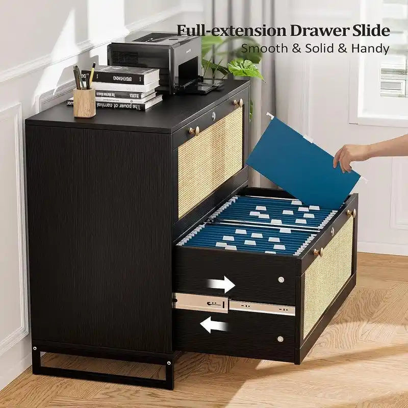 Wood Rattan 2 Drawer Lateral File Cabinet with Lock for Home Office