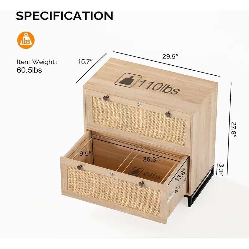 Wood Rattan 2 Drawer Lateral File Cabinet with Lock for Home Office