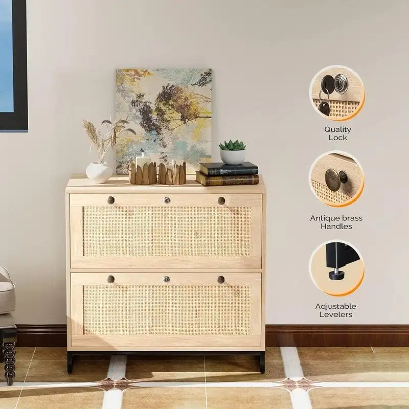 Wood Rattan 2 Drawer Lateral File Cabinet with Lock for Home Office